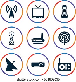 antenna icons set. Set of 9 antenna filled icons such as signal tower, satellite, business center building, TV, signal, router, radio