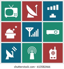 Antenna icons set. set of 9 antenna filled icons such as signal, satellite, router, mobile signal, walkie talkie, observatory