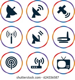 Antenna icons set. set of 9 antenna filled icons such as signal tower, satellite, signal, router