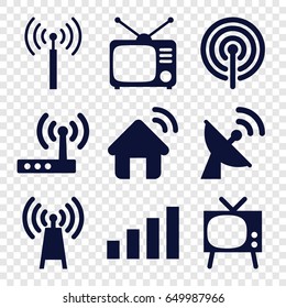 Antenna icons set. set of 9 antenna filled icons such as signal tower, tv, signal, satellite, house signal, router, transmitter