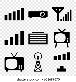 Antenna icons set. set of 9 antenna filled icons such as signal tower, business center building, signal, router, mobile signal