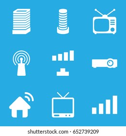 Antenna icons set. set of 9 antenna filled icons such as business center building, signal, tv, tv, house signal