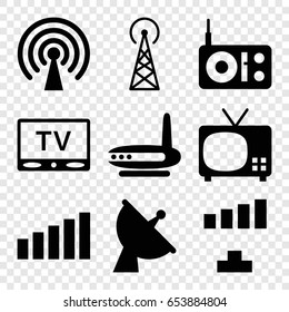 Antenna icons set. set of 9 antenna filled icons such as signal tower, signal, satellite, tv, radio