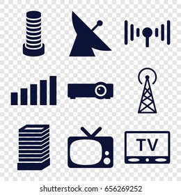 Antenna icons set. set of 9 antenna filled icons such as signal tower, satellite, business center building, tv, signal