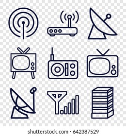 Antenna icons set. set of 9 antenna outline icons such as satellite, business center building, router, signal, mobile signal, tv