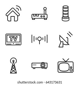 Antenna icons set. set of 9 antenna outline icons such as signal tower, business center building, tv, signal, satellite, house signal