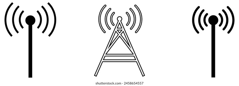 Antenna line icon set. Radio antenna black linear vector isolated on transparent background. Radio tower. Communication towers outline collection. Transmitter receiver wireless signal. eps10.