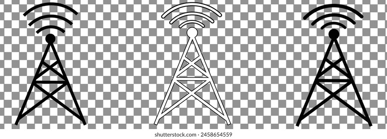 Antenna line icon set. Radio antenna black linear vector isolated on transparent background. Radio tower. Communication towers outline collection. Transmitter receiver wireless signal. eps10.