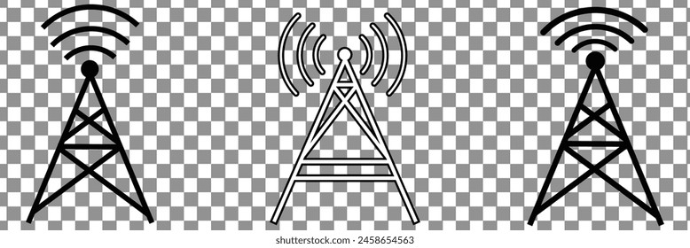 Antenna line icon set. Radio antenna black linear vector isolated on transparent background. Radio tower. Communication towers outline collection. Transmitter receiver wireless signal. eps10.