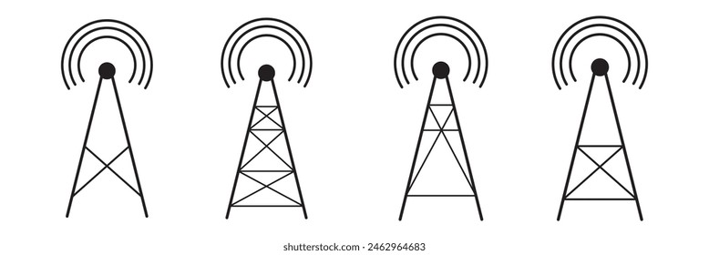 Antenna line icon set. Radio antenna black linear vector isolated on transparent background. Radio tower. Communication towers outline collection.