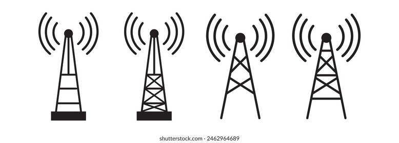 Das Antennenleitungssymbol ist gesetzt. Lineare Vektorgrafik mit schwarzer Radioantenne, isoliert auf transparentem Hintergrund. Funkturm. Kommunikationstürme zeichnen die Kollektion.