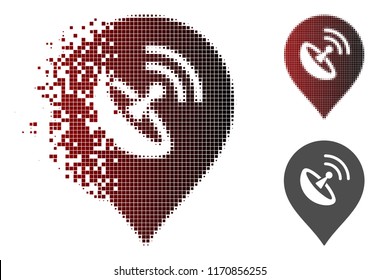 Antenna marker icon in dispersed, dotted halftone and undamaged solid variants. Fragments are composed into vector disappearing antenna marker icon.