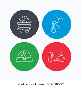 Antenna, minerals and engineering helm icons. Factory linear sign. Linear icons on colored buttons. Flat web symbols. Vector
