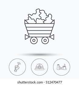 Antenna, minerals and engineering helm icons. Factory linear sign. Linear icons in circle buttons. Flat web symbols. Vector