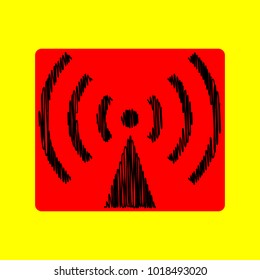 Antenna or Radio tower. Vector. Black scribble icon in red container with rounded corners at yellow background. Isolated.