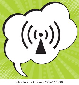 Antenna or Radio tower. Vector. Black icon in speech bubble at popart yellow green background.