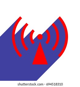 Antenna or Radio tower. Vector. Red flat style icon with dark blue long shadow on white background.