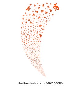 Antenna random fireworks stream. Vector illustration style is flat orange iconic symbols on a white background. Object fountain organized from scattered pictographs.