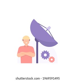 antenna or satellite dish technician, network technician, communications engineer. illustration of male workers. flat style. vector design