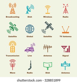 antena e elementos de satélite, ícones infográficos vetoriais