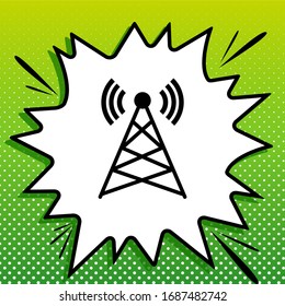 Antenna sign illustration. Black Icon on white popart Splash at green background with white spots. Illustration.