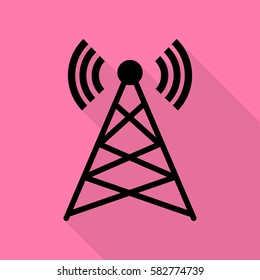 Antenna sign illustration. Black icon with flat style shadow path on pink background.