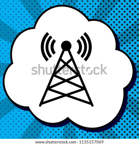 Antenna sign illustration. Vector. Black icon in bubble on blue pop-art background with rays.