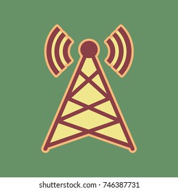 Antenna sign illustration. Vector. Cordovan icon and mellow apricot halo with light khaki filled space at russian green background.