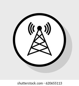 Antenna sign illustration. Vector. Flat black icon in white circle with shadow at gray background.