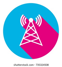 Antenna sign illustration. Vector. Flat white icon with mexican pink shadow inside sky blue(S and G) circle at white background. Isolated. Trend colors in 2017.