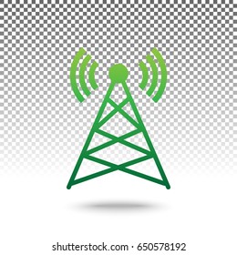 Antenna sign illustration. Vector. Green gradient icon with shadow at bottom on transparent and white background.