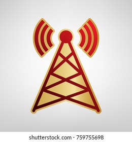 Antenna sign illustration. Vector. Red icon on gold sticker at light gray background.