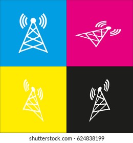Antenna sign illustration. Vector. White icon with isometric projections on cyan, magenta, yellow and black backgrounds.