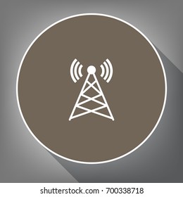 Antenna sign illustration. Vector. White icon on brown circle with white contour and long shadow at gray background. Like top view on postament.