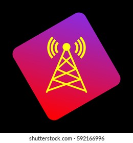 Antenna sign illustration. Vector. Yellow icon at violet-red gradient square with rounded corners rotated for dynamics on black background.