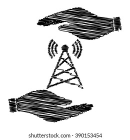 Antenna sign. Save or protect symbol by hands with scribble effect.