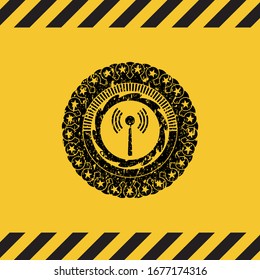 antenna signal icon black grunge emblem, yellow warning sign. Vector Illustration. Detailed.