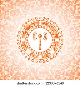 antenna signal icon inside abstract orange mosaic emblem