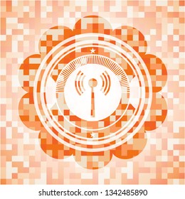antenna signal icon inside abstract emblem, orange mosaic background