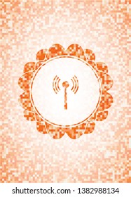 antenna signal icon inside abstract emblem, orange mosaic background