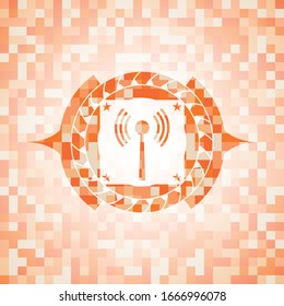 antenna signal icon inside abstract emblem, orange mosaic background