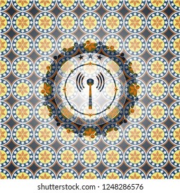 antenna signal icon inside arabesque badge. arabic decoration.