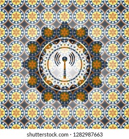 antenna signal icon inside arabesque style emblem. arabic decoration.