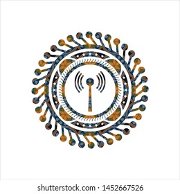 antenna signal icon inside arabic badge. Arabesque decoration.