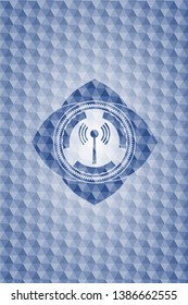 antenna signal icon inside blue badge with geometric pattern background.