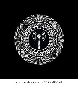 antenna signal icon inside chalkboard emblem written on a blackboard
