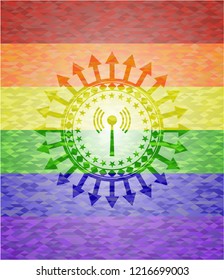 antenna signal icon inside emblem on mosaic background with the colors of the LGBT flag