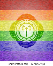 antenna signal icon inside emblem on mosaic background with the colors of the LGBT flag
