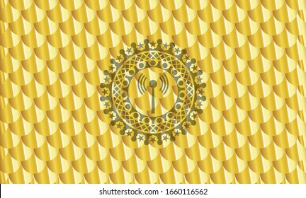 antenna signal icon inside gold emblem. Scales pattern. Vector Illustration. Detailed.