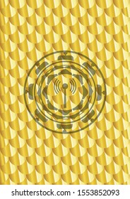 antenna signal icon inside golden emblem or badge. Scales pattern. Vector Illustration. Detailed.